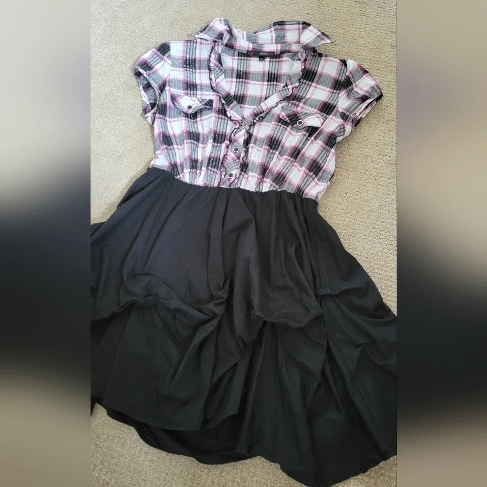 Heart & Soul Black & Pink Plaid Ruched Bubble Bottom Dress